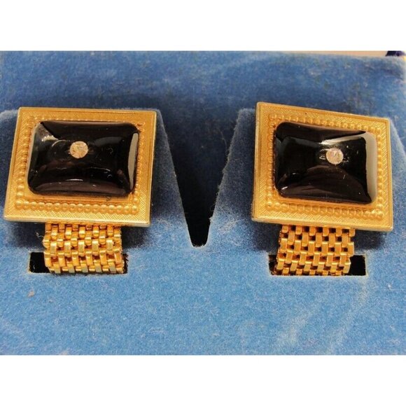 La Rue Mesh Rectangle Vtg Cufflinks Black & Gold Tone Tux Wedding Formal IOB - Picture 3 of 12